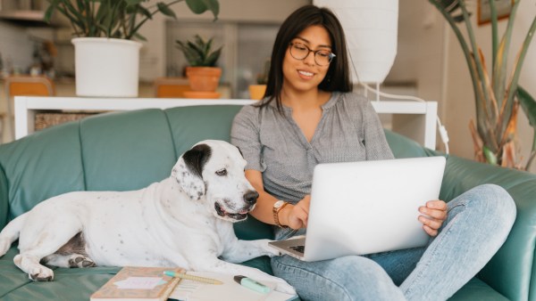 Young woman working from home on her laptop near her dog