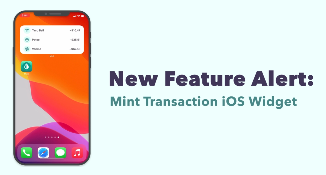 Text: new feature alert: mint transaction ios widget