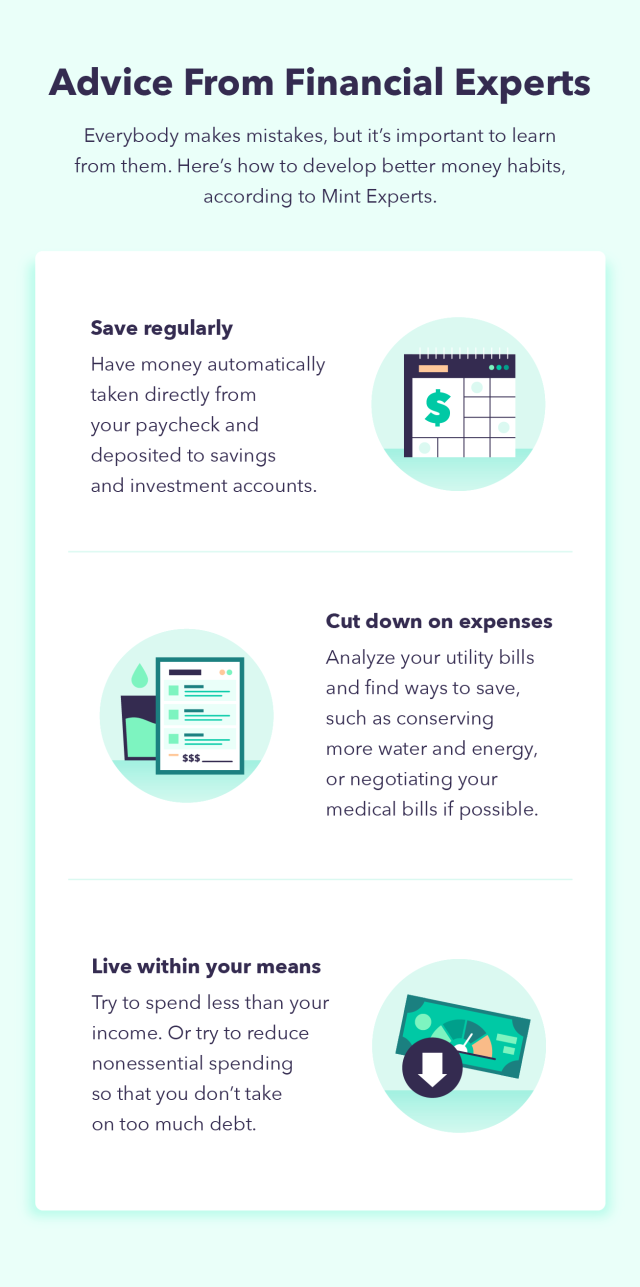 A graphic shows better money habits advice according to Mint Financial Coaches.