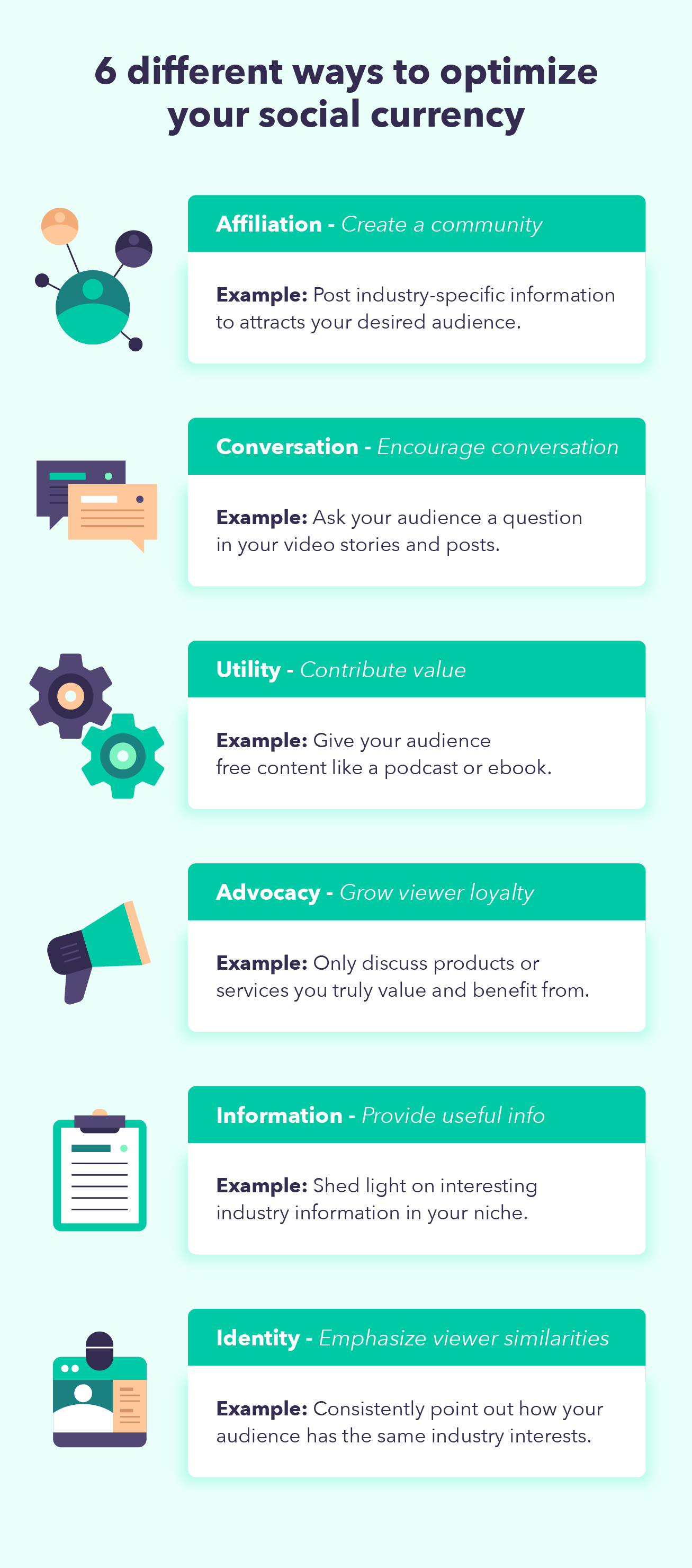 Six illustrations accompany the different ways to optimize social currency on social media platforms.