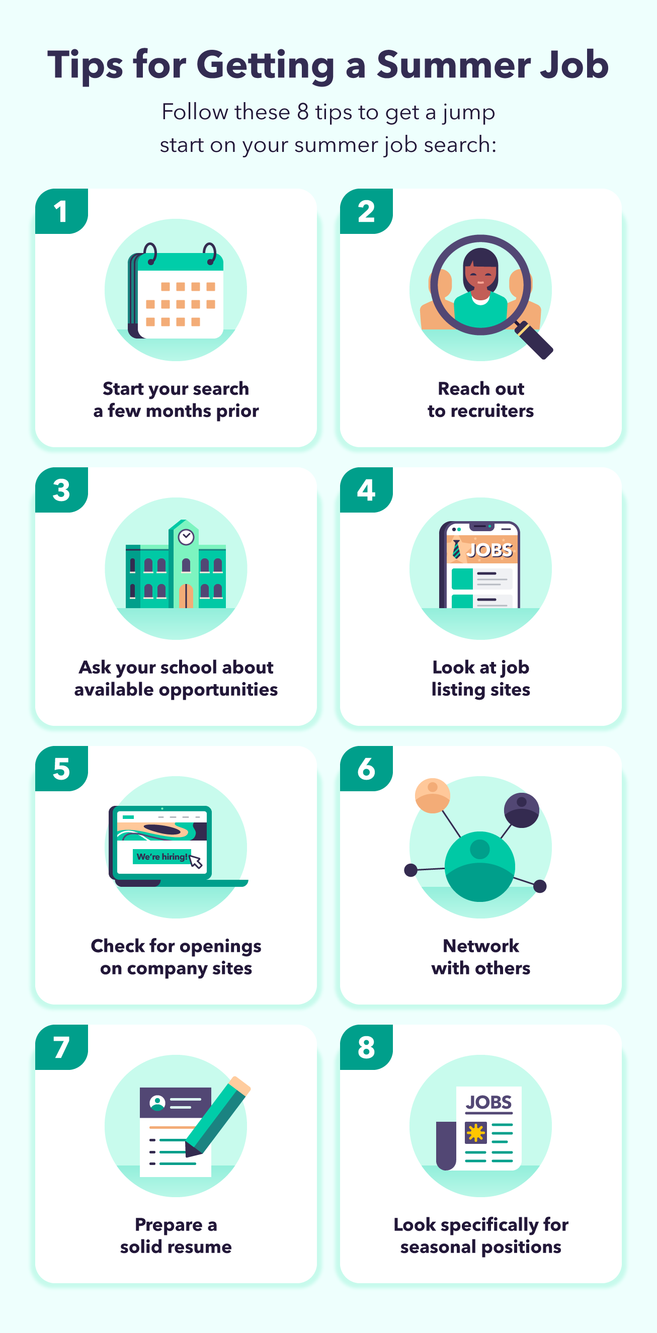 A graphic lists 8 tips explaining how to get a summer job and places you can find summer job ideas.